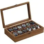 SONGMICS Watch Box, 12-Slot Watch Case, Solid Wood Watch Box Organizer with Glass Lid, Watch Display Case with Removable Pillows, Christmas Gift, Rustic Walnut UJOW120K01