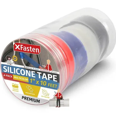 XFasten Multicolor Silicone Tape for Plumbing Self Fusing, 1” x 10-Feet Non-Adhesive Silicone Grip Tape Pack of 4, Plumbing Tape for Leaks, Plumbing Tape for Hose, Stop Leak Tape, Emergency Tape