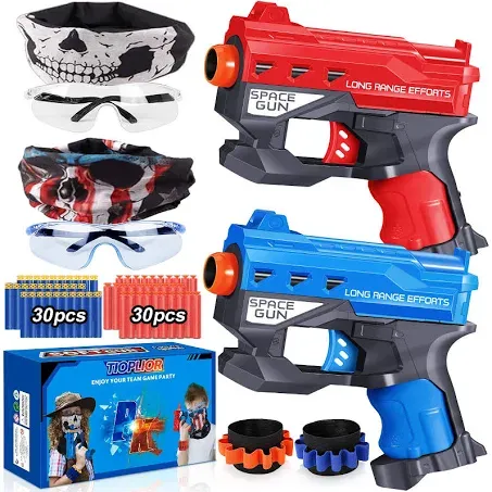 2 Pack Blaster Guns Boys Toy-with 60 Bullets &2 Wristbands, TiopLior Blaster Guns Toy Age for 4-9 Christmas Birthday Gifts &2 Safety Glasses/Face Masks for 6+ Year Old Kids Games Toys