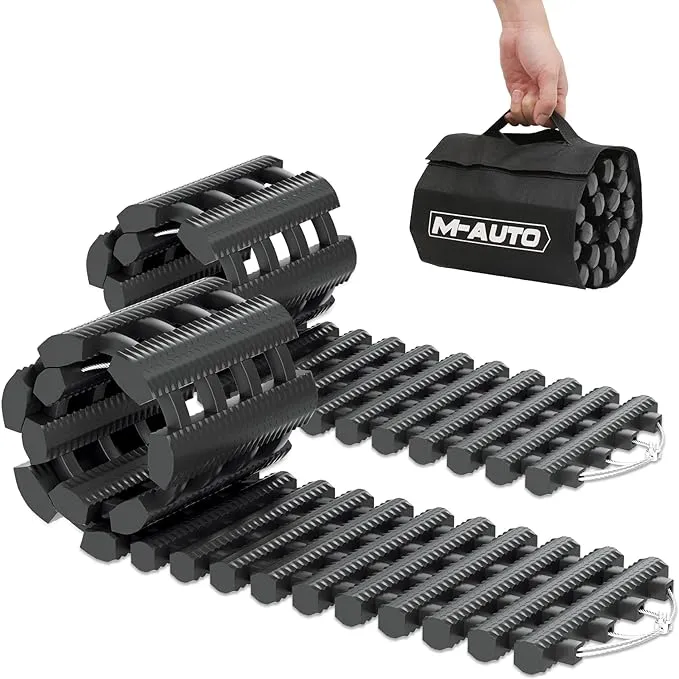 M-AUTO 2 Pack Tire Traction Mats for Snow Portable Recovery Tracks for Vehicle in Mud, Snow, Ice, and Sand, 32" Coilable Emergency Devices with Storage Bag, Load 7.7 Ton