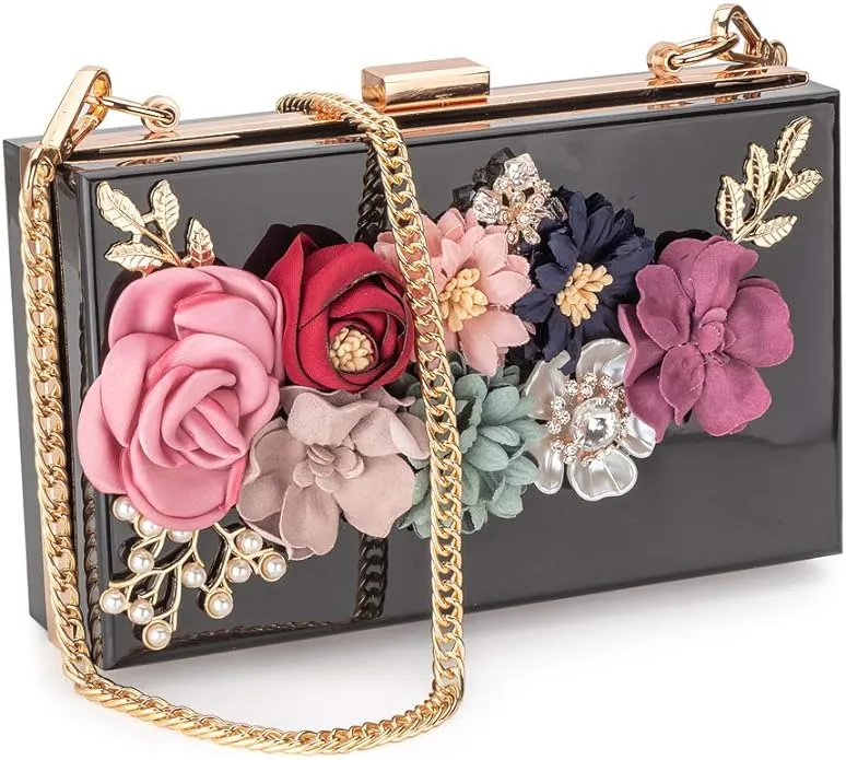 Women Acrylic Flower Clutches Crossbody Purse Evening Bags Chain Strap For Wedding Prom Banquet Ideal-gift