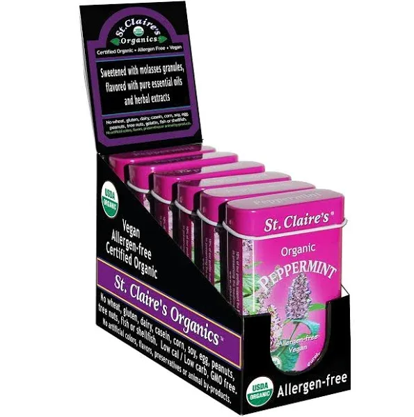 St. Claire's Organic Breath Mints, (Peppermint, 1.5 Ounce Tin, Pack of 6) | Gluten-Free, Vegan, GMO-Free, Plant-Based, Allergen-Free | Made in A