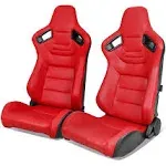 IKON MOTORSPORTS, Universal Racing Seats Pair with Dual Sliders, Red PU & Carbon Leather Reclinable Left Right