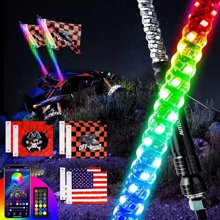 AUTOOMMO 2 PCS 3FT LED Whip Lights - 3X Brighter Professional UTV Whip Light, w/ 6 Off-Road Flags, APP & Remote Control, 366 Modes Chasing Lighted Antenna Whip for UTV ATV RZR SXS Can-Am