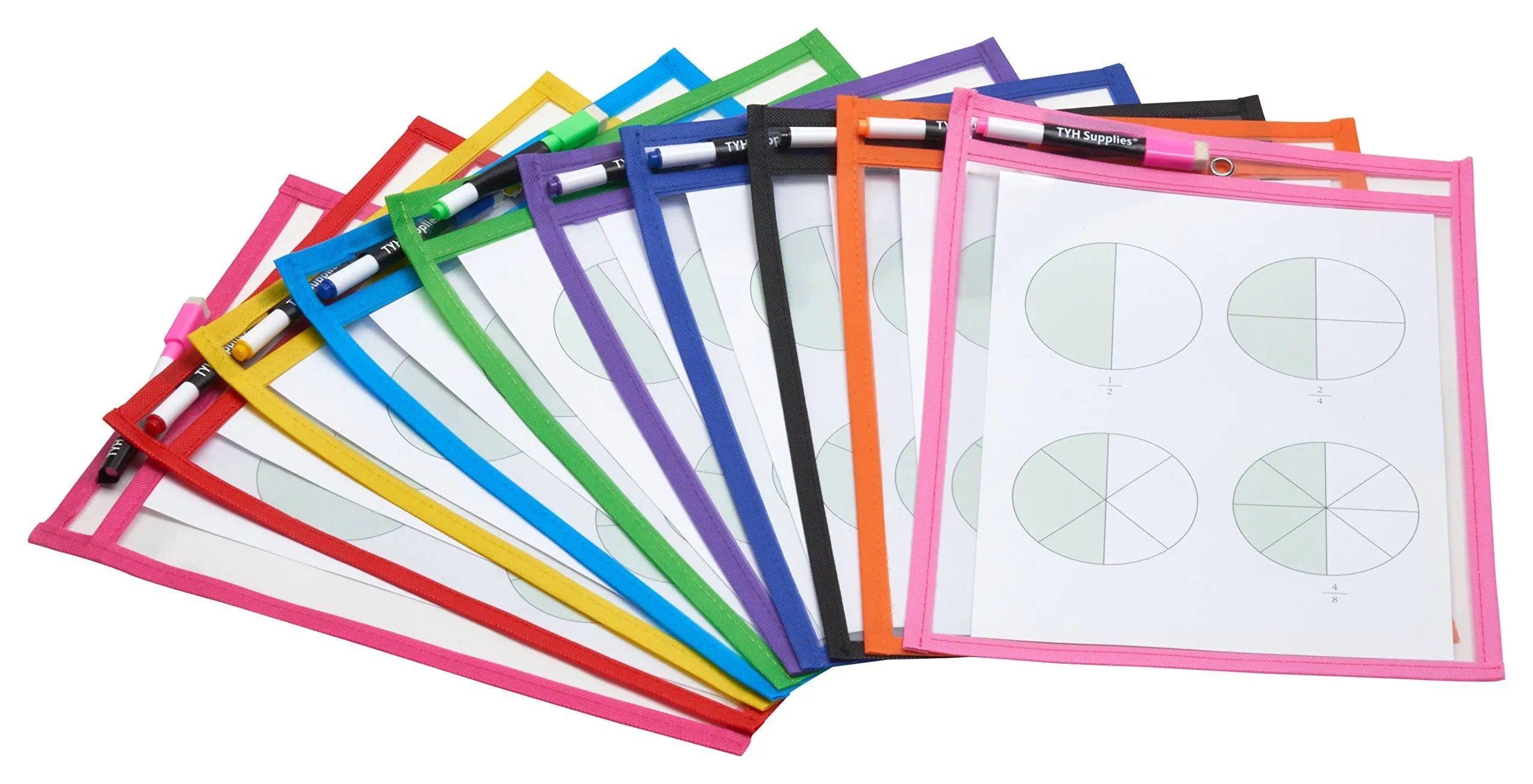 10 Pack Reusable Dry Erase Pockets 9 X 12&#034; Assorted Neon Colors Office School