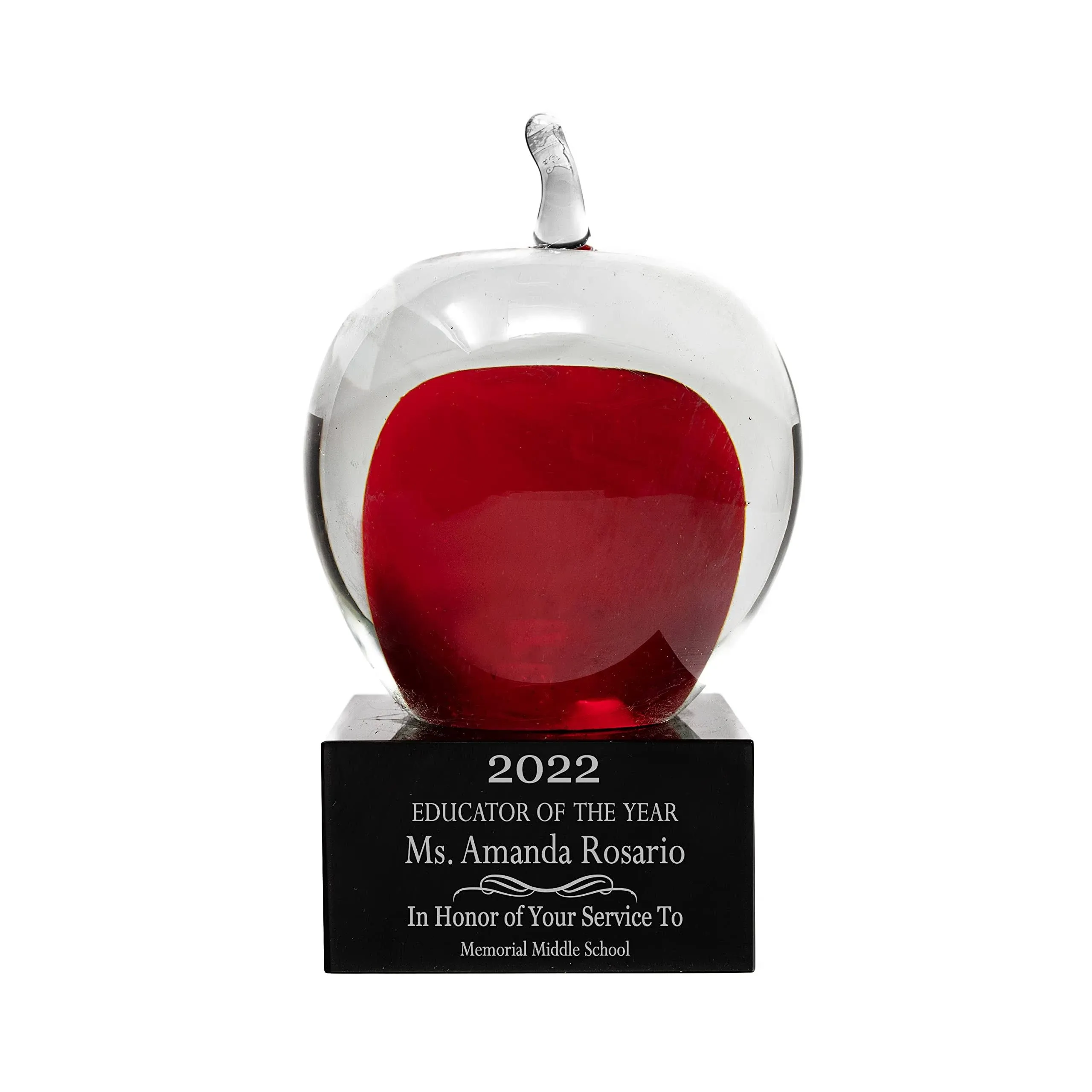 Ravanox Personalized 5.75&quot; Red & Clear Glass Apple Teacher Award, Custom Engraved Teacher of the Year Award Statue for Schools, Retirement