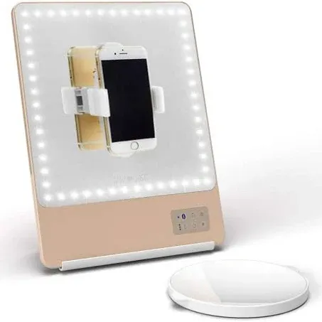 Glamcor Riki Skinny Smart Vanity Mirror with HD LEDs, Magnifying Mirror Attachment, Phone Holder and Bluetooth Control (Champagne Gold, 5X Magnification)