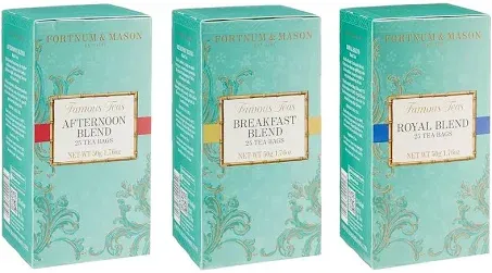 Fortnum and Mason British Tea Royal Blend Breakfast Blend Afternoon Blend, 25 Tea Bags Per Type - Bundled In QualBuy Branded Box