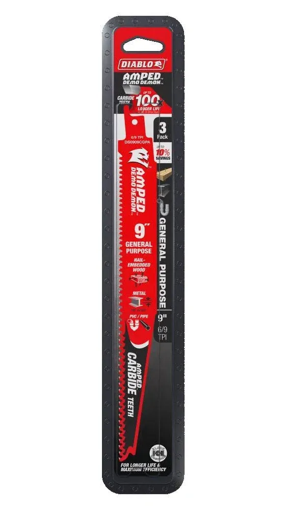 Diablo Tools 9 Inch Demo Demon AMPED Carbide General Purpose Reciprocating Blade 3 Pack