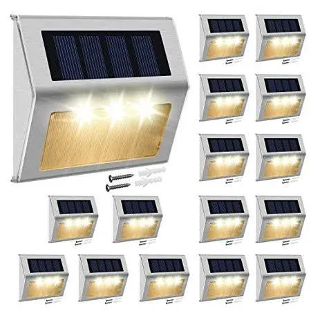 JACKYLED 7 LED Solar Step Lights, 3-Side Lenses, Waterproof, Stainless Steel, Garden, Patio, Deck, Fence, Stairs, 8-Pack, Cool White