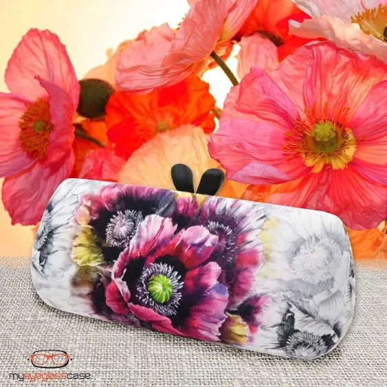 Chic Medium Hard Eyeglass Case - Small Sunglasses Case in Purple Floral,  A mini Accessories Case w/cloth (AS461 Poppy)