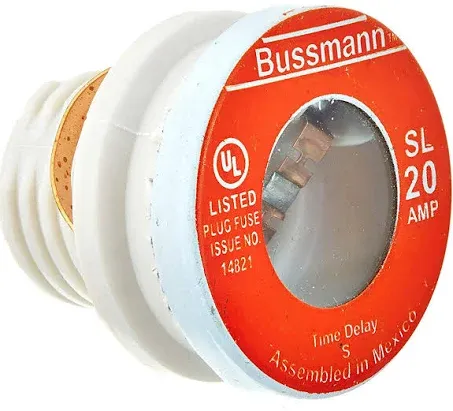 BUSSMANN Plug Fuse: 20A, 125V AC, Screw-In Body, Rejection Fits Fuse Block, Time Delay, 4 PK