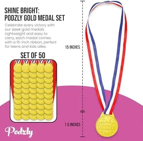 Podzly 50 Piece Goldtone Plastic Award Winner Medal Set