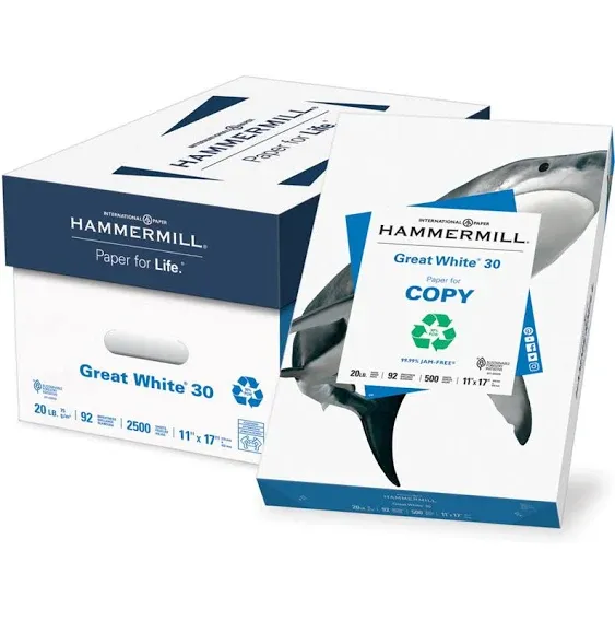 Hammermill Great White 30% Recycled 11"" x 17"" Copy Paper, 20 lbs., 92 Brightness, 500/Ream (86750)