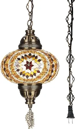 DEMMEX Plug in Pendant Light, Turkish Moroccan Mosaic Ceiling Hanging Pendant Light Fixture Lamp, 6.5" Shade, 15ft Thick Leaf Type Metal Chains, Cord & Plug