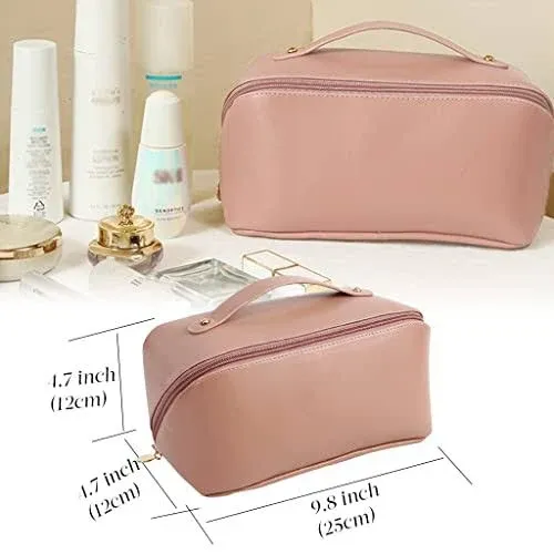 MINGRI Large Capacity Travel Cosmetic Bag for Women,Portable PU Leather Makeup Bag Water Resistant,Flat Open Multifunctional Storage Travel Toiletry Bag with Divider and Handle (Soft pink)