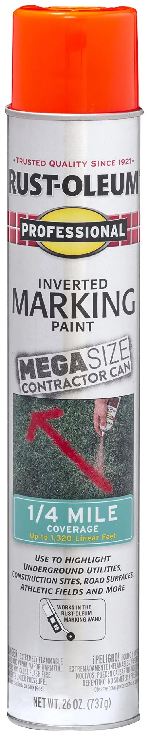 Rust-Oleum 350994 Professional Mega Size Inverted Marking Quarter Mile Distance Spray Paint, 26 oz, Fluorescent Red-Orange