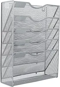 EasyPAG Wall File Organizer Mesh 5 Tier Wall File Holder Desktop Vertical Hanging File Folder Organizer with Bottom Flat Tray Sides Closed,Silver