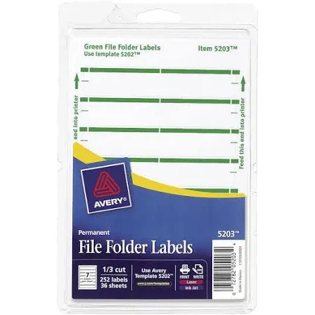 Avery File Folder Labels on 4" x 6" Sheets, Easy Peel, White/Green, Print or Write, 2/3" x 3-7/16", 252 Labels (5203)