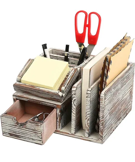 MyGift Rustic Torched Wood Desktop Organizer with Drawer, Mail Sorter, Sticky Note Pad Holder, Wooden Desk Storage Caddy for Office/Home