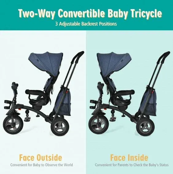 Costway 7-In-1 Kids Baby Tricycle Folding Steer Stroller w/ Rotatable Seat Grey