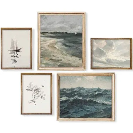 Boho Art Deco Victoria Picture Bathroom - Rustic French Country Wall Art Decor - Modern Farmhouse Kitchen Print Poster Set - Aesthetic Vintage Landscape - Sea Ocean Coastal Sail Boat Lake Cloud Cabin