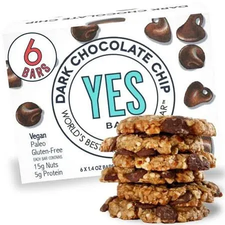 The YES Bar – Dark Chocolate Chip – Plant Based Protein, Decadent Snack Bar – Vegan, Paleo, Gluten Free, Dairy Free, Low Sugar, Healthy Snack, Breakfast, Low Carb, Keto Friendly (Pack of 6)