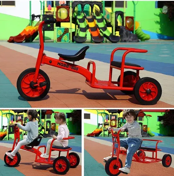 Kids Tricycle for Preschool Playground, Daycare Toddler Tandem Trike, Children Double Seat Bike with Passenger Seat, Outdoor Playground Equipment Tricycles