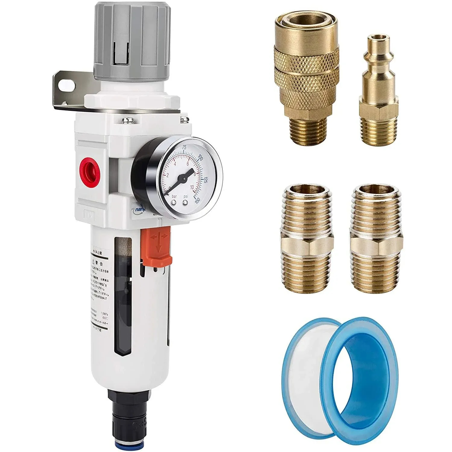 Nanpu 3/8" NPT Compressed Air Filter Regulator Combo Piggyback, 5 Micron Brass Element, Poly Bowl, Semi-Auto Drain, Metal Bracket, 0-150 psi Gauge