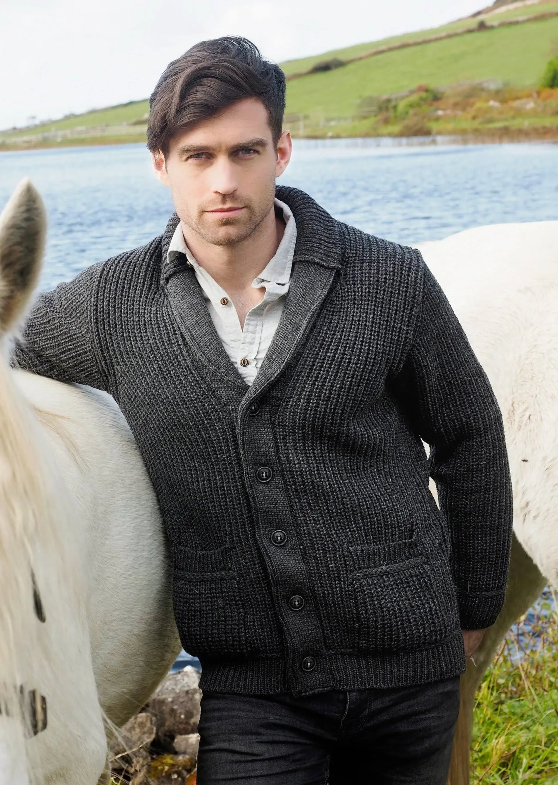 Aran Crafts Men's Irish Cable Knitted Ribbed Shawl Cardigan (100% Merino Wool)