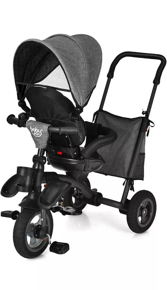  7-In-1 Baby Folding Tricycle Stroller With Rotatable Seat, Gray