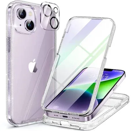 Miracase Glass Series Designed for iPhone 14 Case 6.1 inch, 2023 Upgrade Full-Body Clear Bumper Case with Built-in 9H Tempered Glass Screen Protector and Camera Lens Protector,Clear Glitter