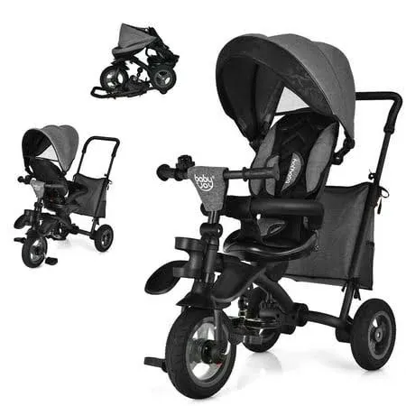 Gymax 7-In-1 Kids Baby Tricycle Folding Steer Stroller w/ Rotatable Seat Grey ...