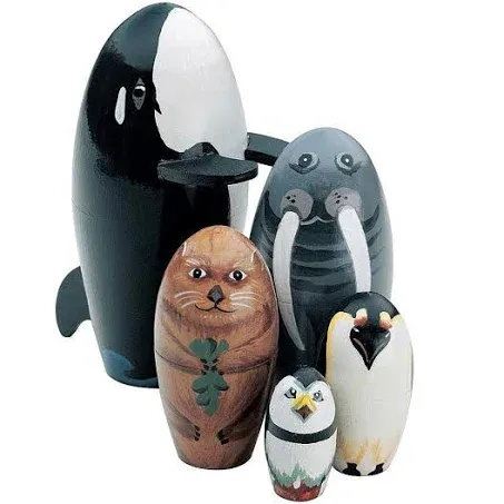 Bits and Pieces - "Willy and Friends - Matryoshka Dolls - Wooden Russian Nesting Dolls - Sea Life Animal Figurines - Whale, Walrus, Penguin - Stacking Dolls Set of 5