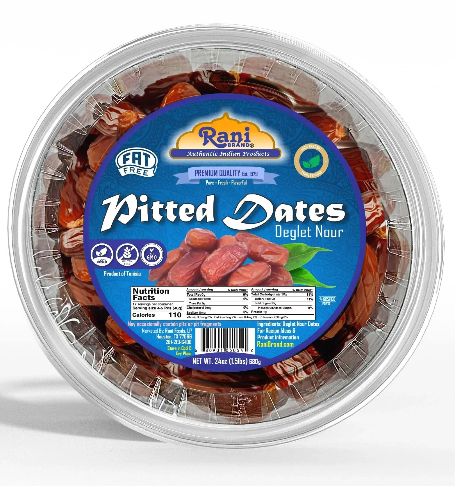 Rani Pitted Dates (Deglet Nour) Raw Dried Fruit 24oz (1.5lbs) 680g ~ All Natural | Fat-Free | No Added Sugar | Vegan | Gluten Friendly | Non-GMO |