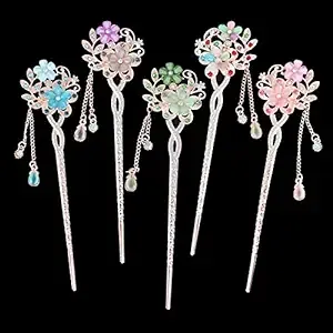 5 Colors Chinese Traditional Flower Hair Sticks Retro Glitter Rhinestone Hairpin