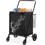 VEVOR Folding Shopping Cart with Removable Waterproof Liner, 330lbs Large Capacity Jumbo Grocery Cart with Dual Basket, 360° Swivel Wheels, Dense