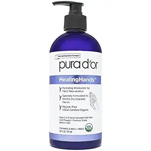 PURA D'OR HealingHands Organic Aloe Vera Gel For Dry Cracked Hands - Moisturizing Skin Advanced Healing Lotion - With Aloe Vera, Vitamin E & Ylang Ylang Oil, For Men & Women, 16oz