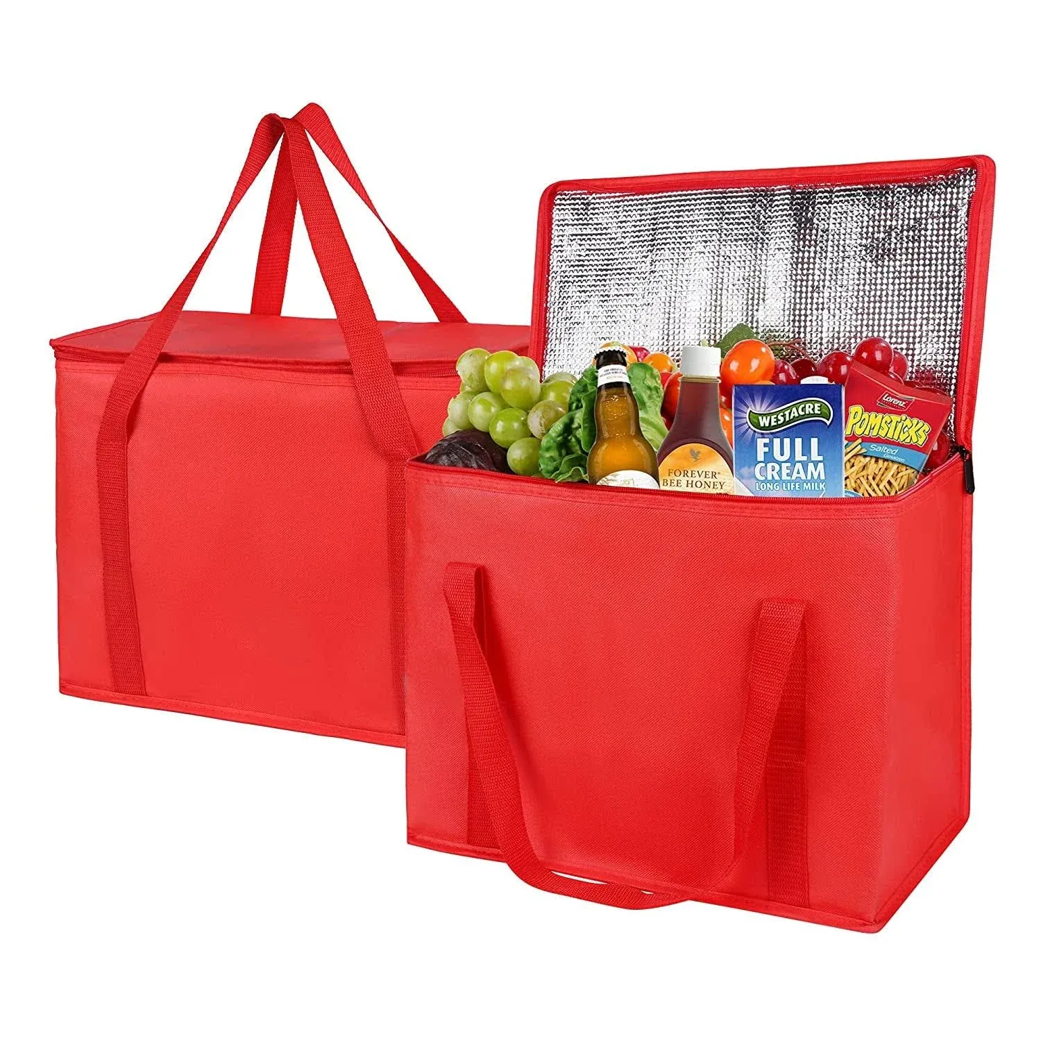 Musbus 2-Pack XL-Large Insulated Grocery shopping bags, Red, Reusable, Heavy bag