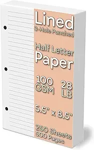 Half Letter Lined Paper, 3-Hole Punched, 250 Sheets/500 Pages, 100 GSM, Line Paper Binder Refill, 5.5 in. x 8.5 in., fits in Half Letter 3-Ring Binders, Mini Binder Refill Inserts