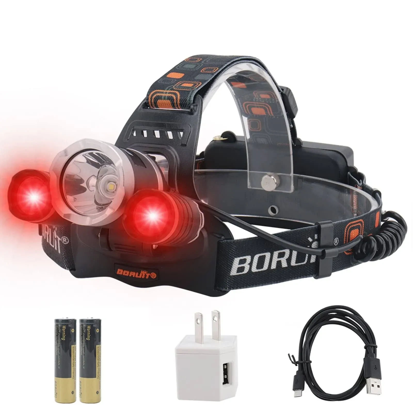 BORUiT RJ-3000 LED Rechargeable Headlamp,3 Modes White and Red LED Hunting Headlamps,5000 Lumens Tactical Flashlight Red Light Head Lamp for Running