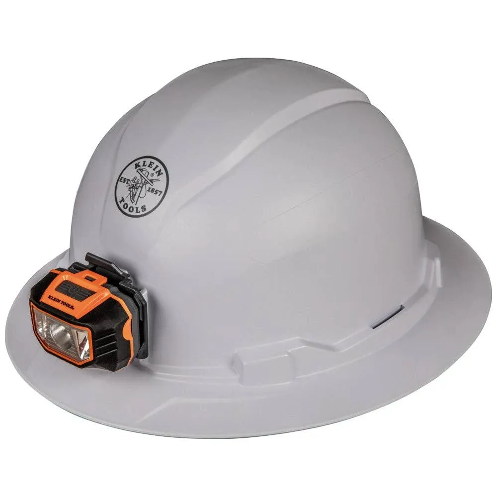 Klein Tools 60406RL Hard Hat, Rechargeable Headlamp, Non-vented, Full Brim Style, Padded Self-Wicking Odor-Resistant Sweatband, Tested up to 20kV, White