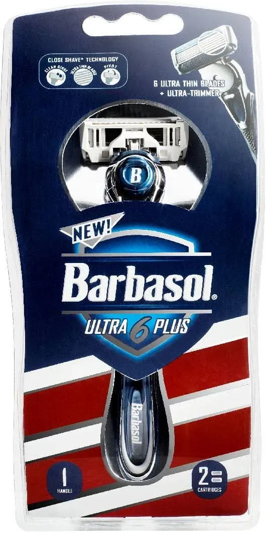 Barbasol Ultra 6 Plus Men's Razor with 2 Razor Blade Refills (1 Handle + 2 Cartridges), Mens Razors/Blades