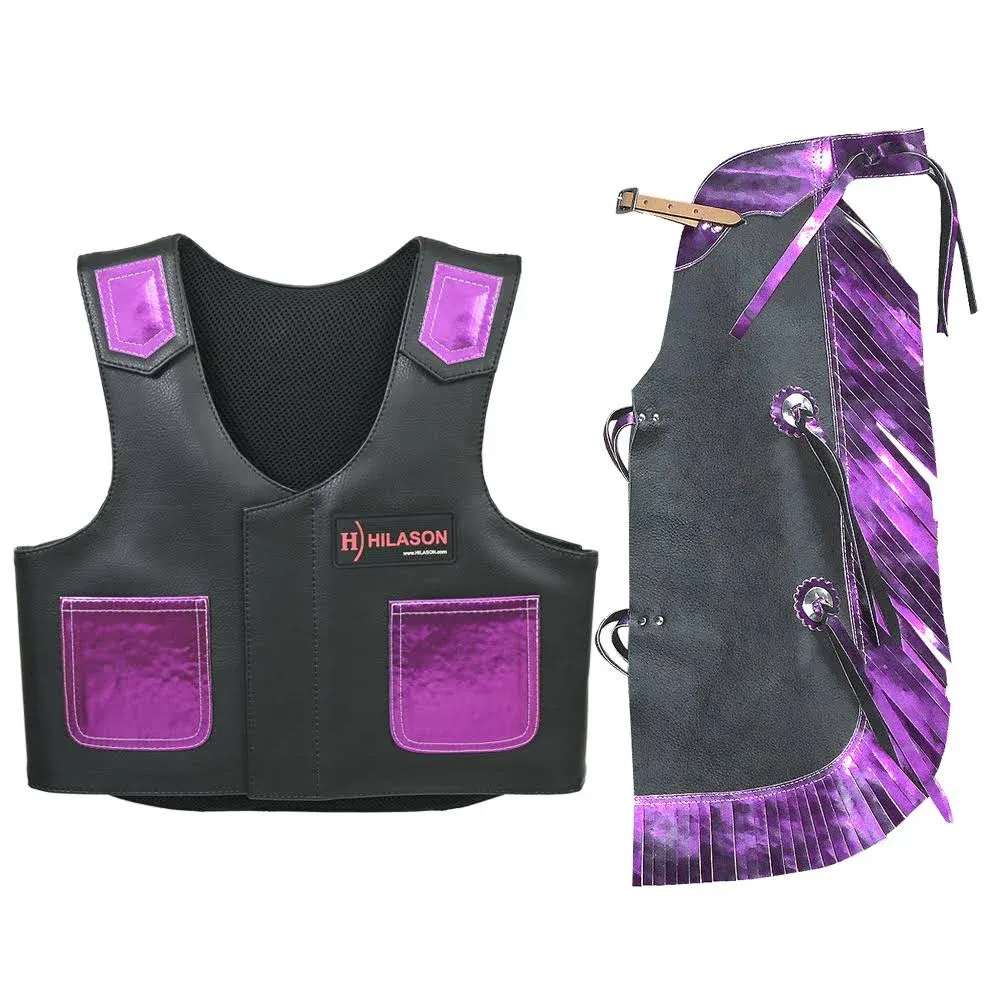 HILASON Junior Youth Bull Riding Pro Rodeo Leather Protective Vest Chaps Black with Purple | Bull Riding Chaps | Leather Vest