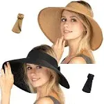 FENELY Women Sun Visors Foldable Straw Hats Summer Beach Packable Hat Floppy Wide Brim Cap Big Heads Sombrero (Black+Khaki)