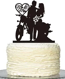 Motorcycle Funny Wedding Cake Topper Mr & Mrs, Bride Groom with Motorbike (Black ...