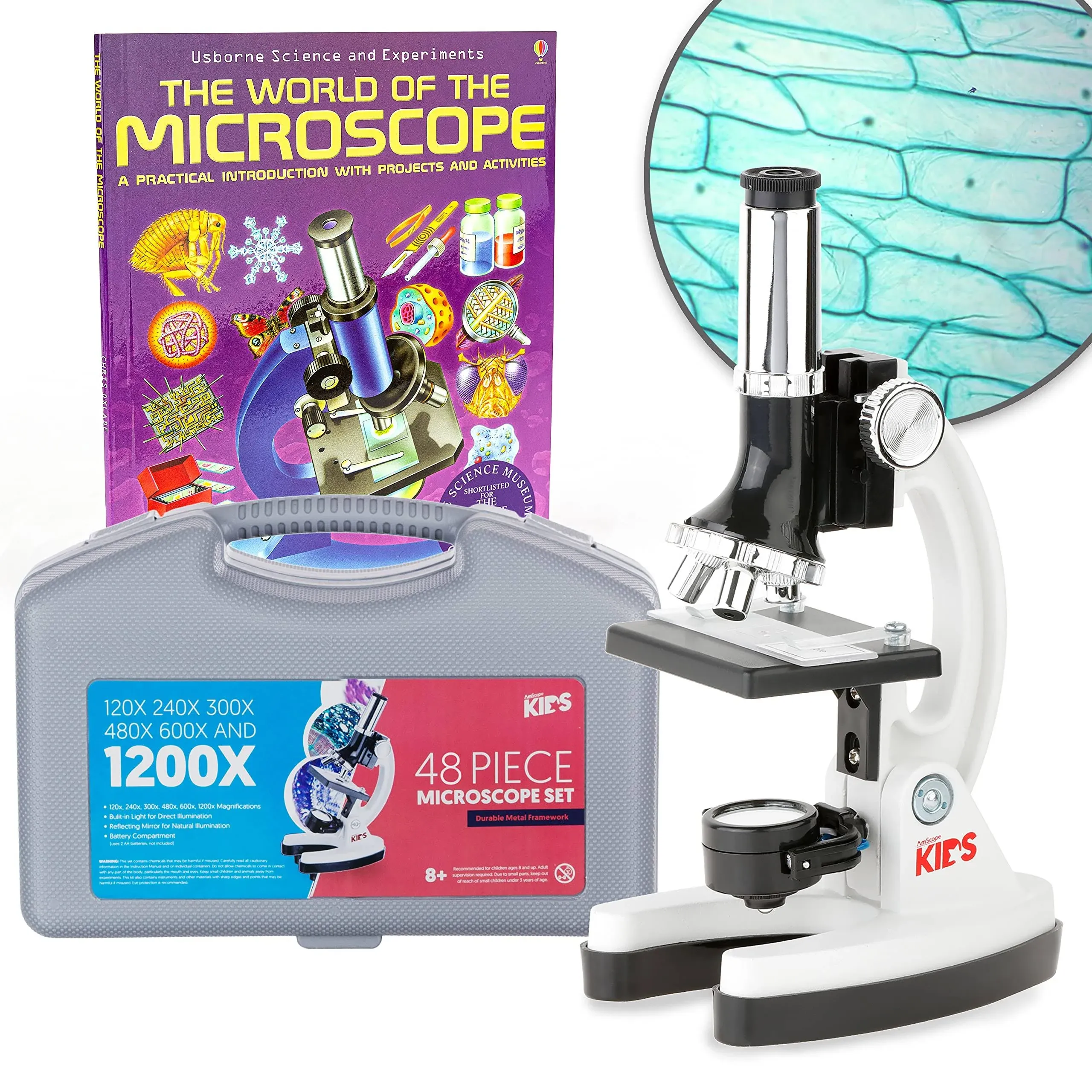 AmScope 1200x 48-pc Beginner Microscope Kit with Slides, LED Light, Carrying Box & Book