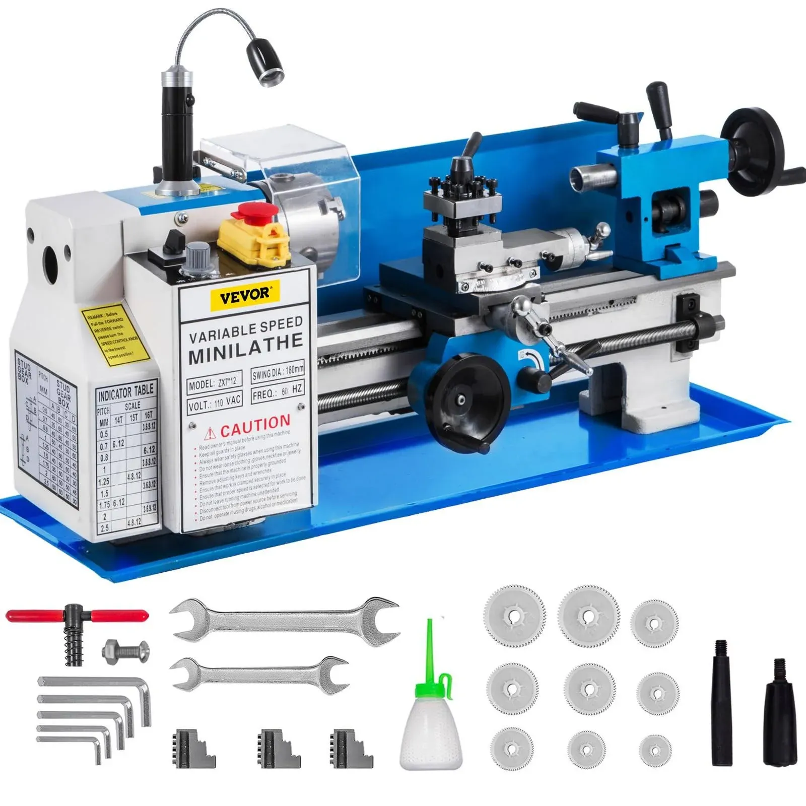 VEVOR Metal Lathe 7&quot;x12&quot;,Precision Bench Top Mini Metal Lathe 550W, Metal Lathe Variable Speed 50-2500 RPM Nylon Gear With A Movable Lamp for