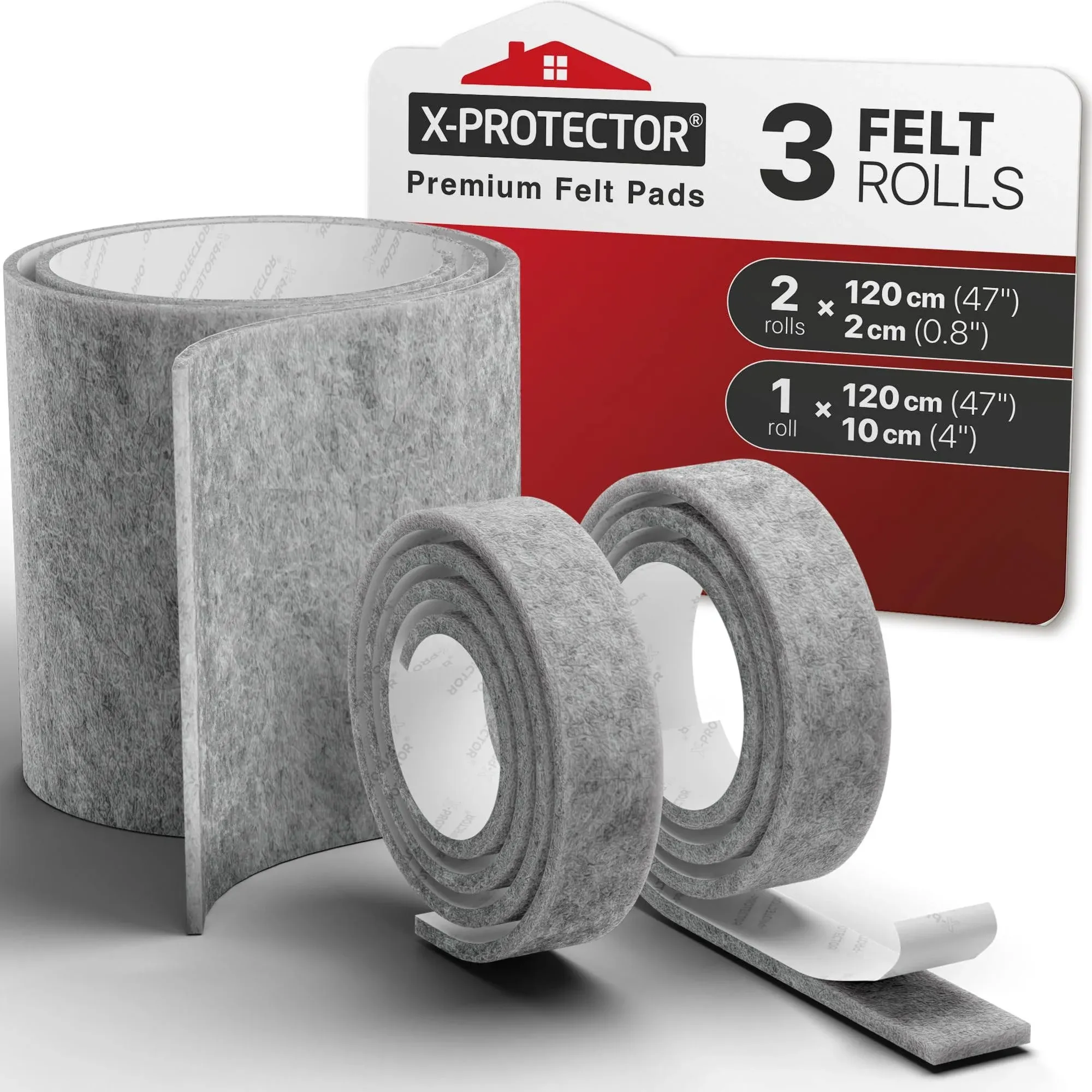 Grey Felt Furniture Pads 3 PCS by X-Protector - (One) 47"x4" and (Two) 47"х0.8" - Multi-Purpose Felt Strips with Adhesive Backing - Felt Tape - Premium Felt Roll - Sticky Felt for Surface Protection and DIY!