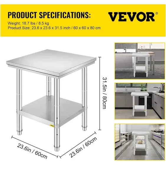 Vevor Stainless Steel 24 x 24 x 32 Inch Commercial Kitchen Prep & Work Table Heavy Duty Metal Work Table with Adjustable Feet for Restaurant, Home and Hotel : Industrial & Scientific